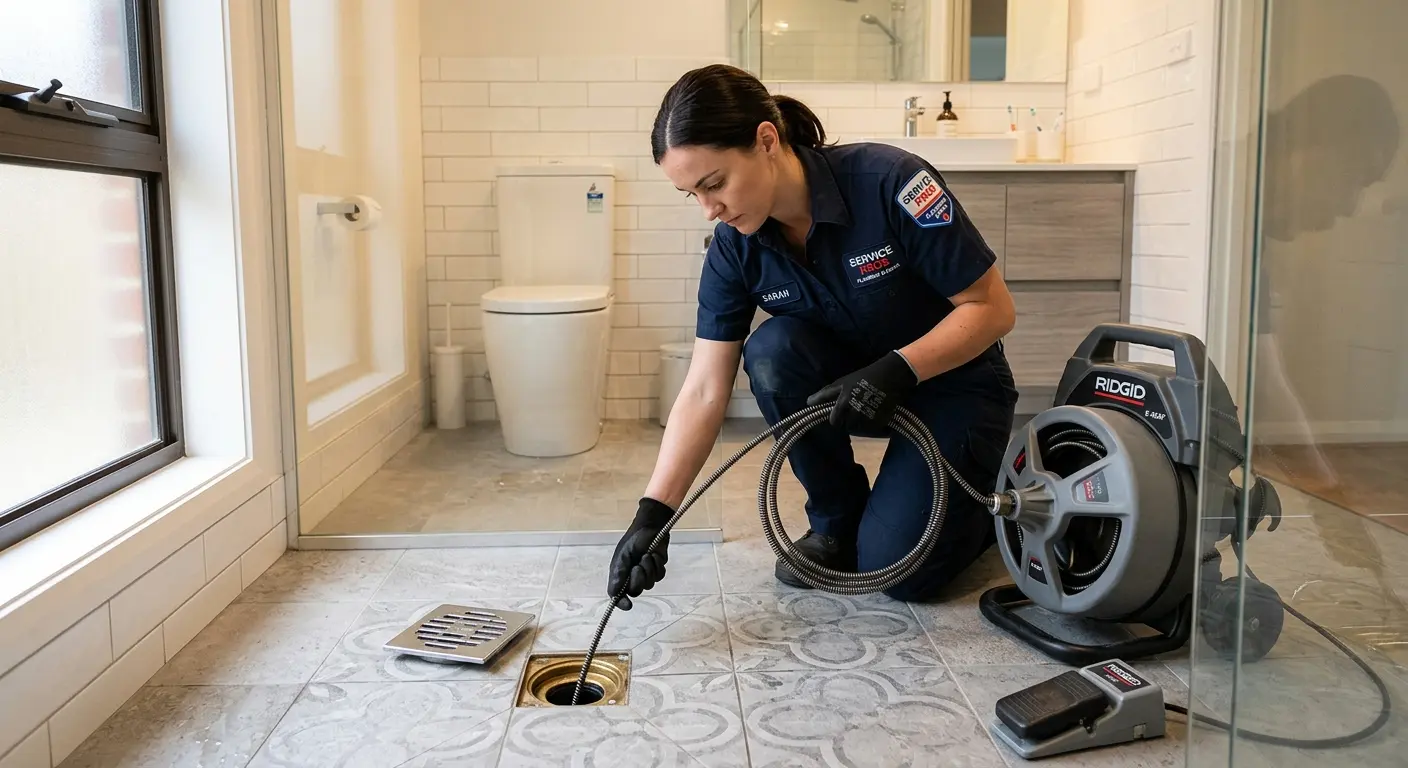 Technician clearing a bathroom floor drain for Drain Repair in Alachua